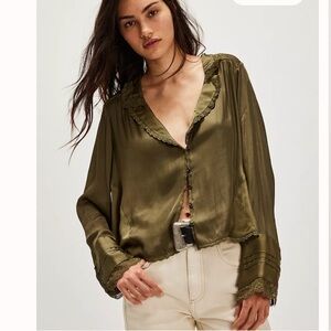 Free People Elsa Silky Bed jacket Olive Green Lace-Trim Button Blouse medium